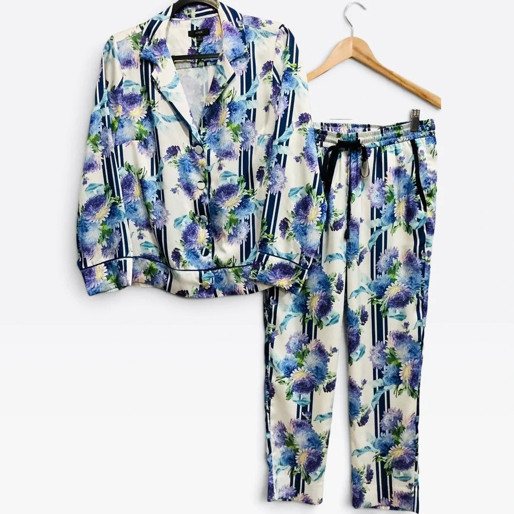 J.Crew Vintage Floral Stripe Drapey Pull-On Pant and Top Lounge Set Blue S 4